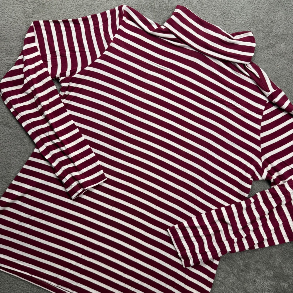 Style & Co Turtleneck Top Women L Burgundy Striped Excellent Long Sleeve Rayon